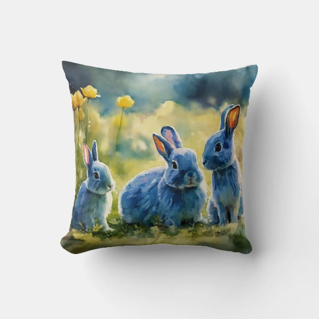 Blue Bunny Garden: Watercolor Style Pillow (Front)