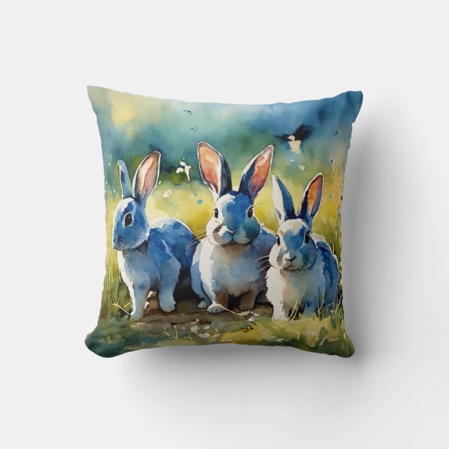 Blue Bunny Garden: Watercolor Style Pillow (Front)
