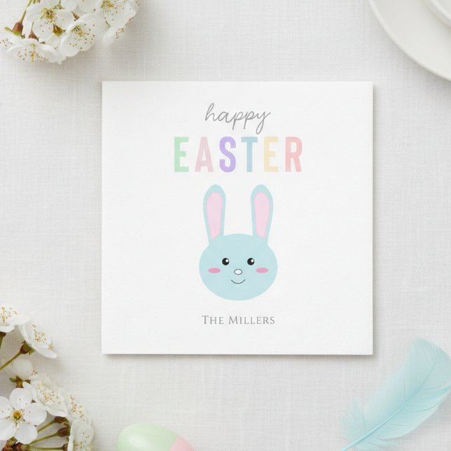 Blue Bunny Happy Easter Cute Kawaii Simple Napkin (Creator Uploaded)
