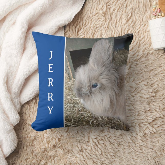 Blue Bunny Lover's Personalised Photo and Name Cushion (Blanket)