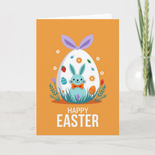Blue Bunny Orange Bow Easter Card