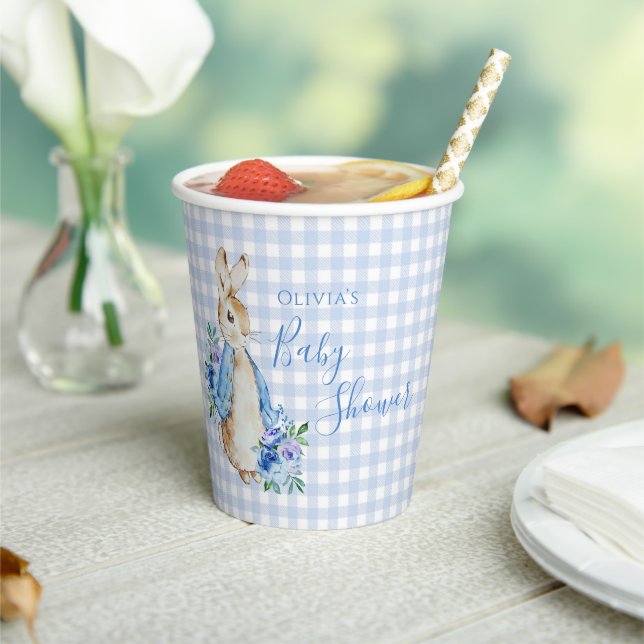 Blue Bunny Plaid Personalised Baby Shower Paper Cups (Insitu)