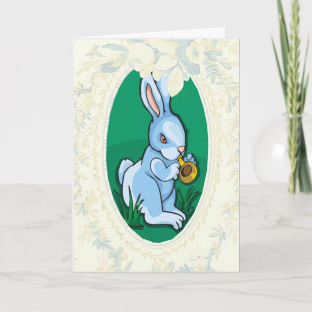 Blue Bunny Playing A Trumpet Easter Card (Front)