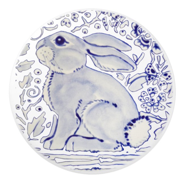 Blue Bunny Rabbit Floral Delft Dedham Ceramic Pull (Front)