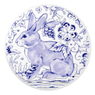 Blue Bunny Rabbit Floral Delft Dedham Ceramic Pull