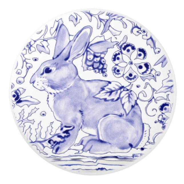 Blue Bunny Rabbit Floral Delft Dedham Ceramic Pull (Front)