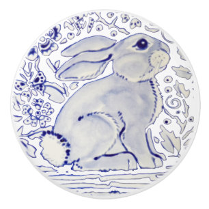 Blue Bunny Rabbit Floral Delft Dedham Ceramic Pull