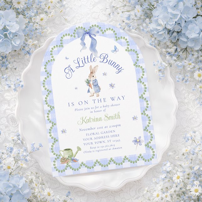 Blue Bunny Rabbit Gingham Baby Shower Invitation (Creator Uploaded)
