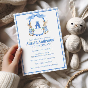 Blue Bunny Rabbit Gingham Monogram Crest Birthday Invitation