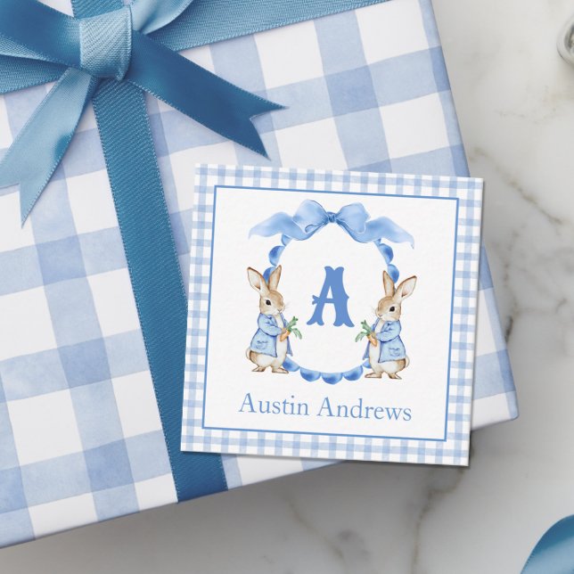 Blue Bunny Rabbit Gingham Monogram Crest Card (Creator Uploaded)