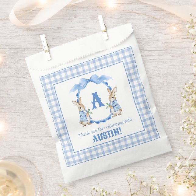 Blue Bunny Rabbit Gingham Monogram Crest Favour Bag (Clipped)