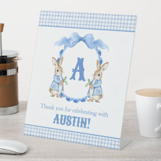 Blue Bunny Rabbit Gingham Monogram Crest Pedestal Sign