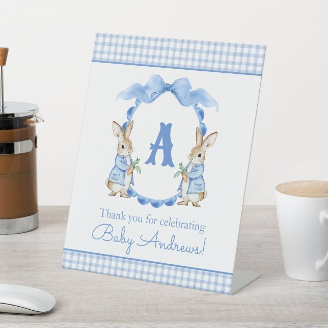 Blue Bunny Rabbit Gingham Monogram Crest Pedestal Sign (In SItu)