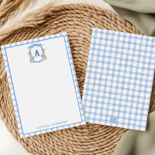 Blue Bunny Rabbit Gingham Monogram Crest Thank You Card