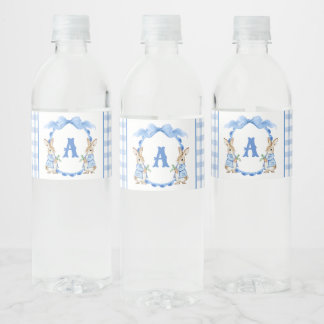 Blue Bunny Rabbit Gingham Monogram Crest Water Bottle Label