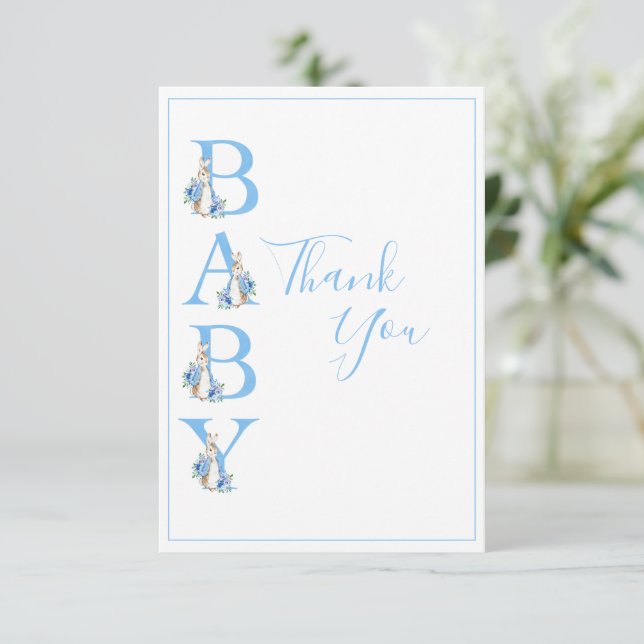 Blue Bunny Rabbit Letters Baby Shower Thank You Card (Standing Front)