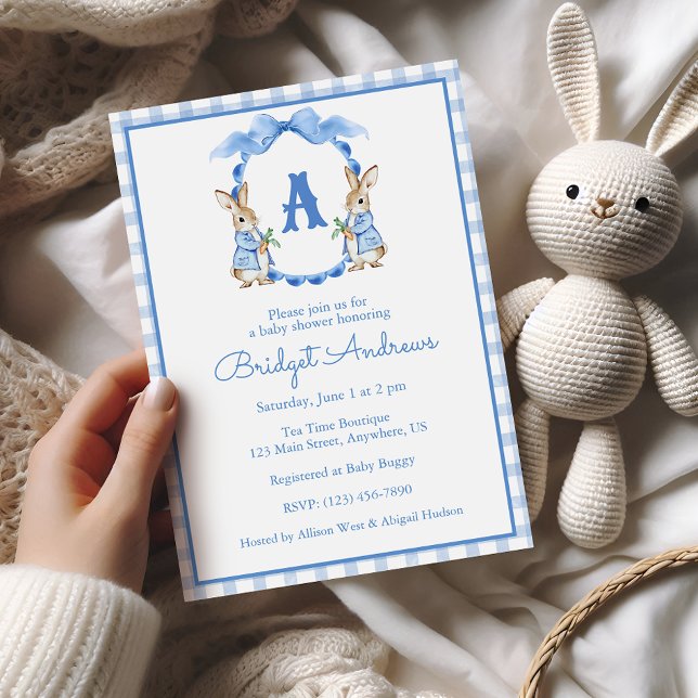 Blue Bunny Rabbit Monogram Crest Baby Shower Invitation (Creator Uploaded)