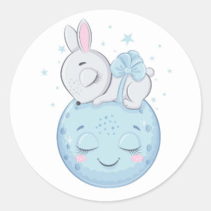 Blue Bunny Sitting Over a Moon Classic Round Sticker
