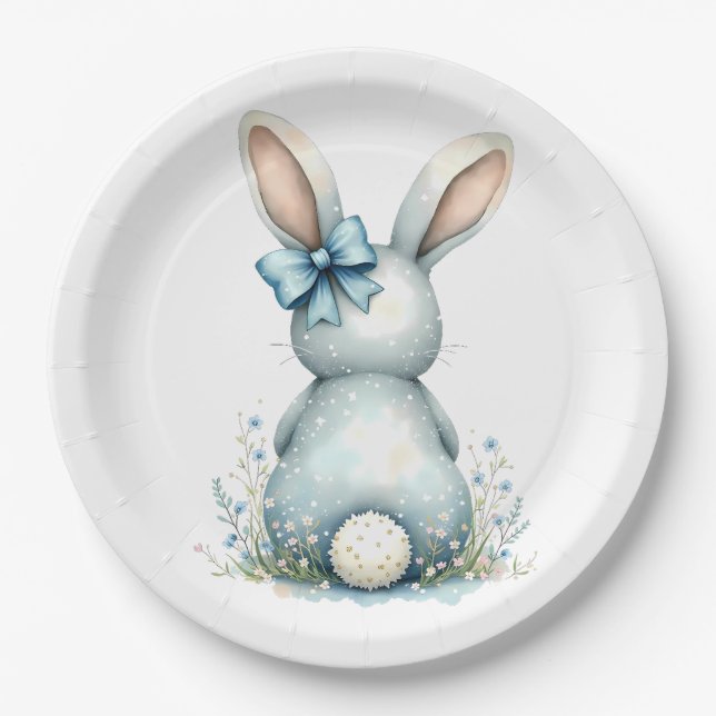 Blue Bunny Tail Cottontail Easter Bunny with Eggs Paper Plate (Front)