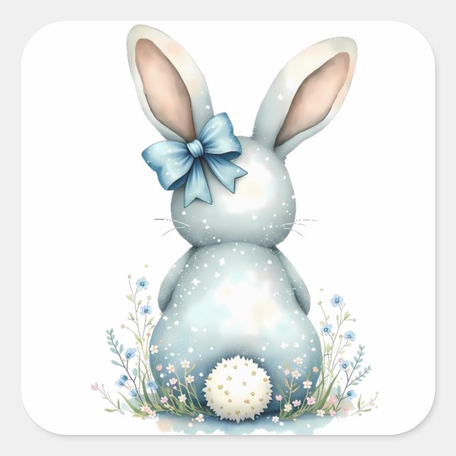 Blue Bunny Tail Cottontail Easter Bunny with Eggs Square Sticker (Front)