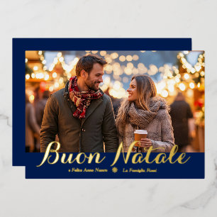 Blue Buon Natale e Felice Anno Nuovo Script Photo Foil Holiday Card