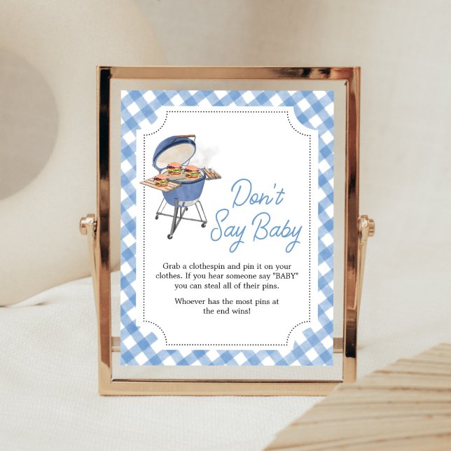 Blue Burger BBQ Baby Shower Don't Say Baby Poster (Boy Backyard BBQ Baby Shower Don't Say Baby Sign)