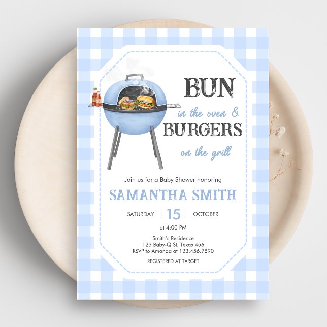 Blue Burger BBQ Baby Shower Invitation (Bun and Burgers Baby Shower Invitation)