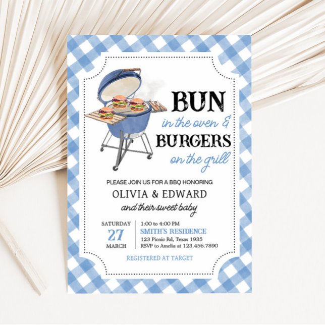 Blue Burger BBQ Baby Shower  Invitation (Boy Backyard BBQ Baby Shower Invitation)