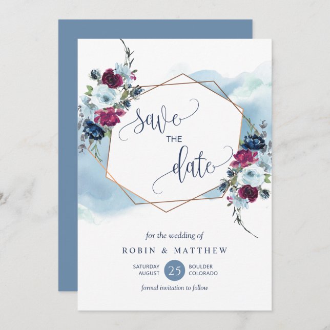 Blue, Burgundy and Berry Floral, Elegant Wedding Save The Date (Front/Back)