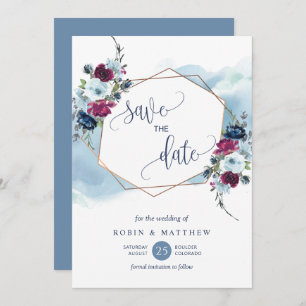 Blue, Burgundy and Berry Floral, Elegant Wedding Save The Date