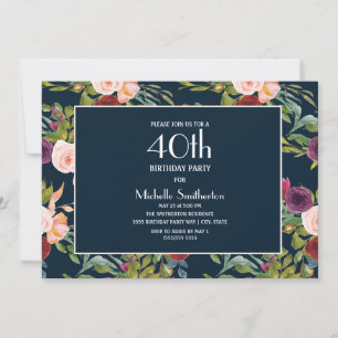 Blue Burgundy Blush Floral 40th Birthday Invitation