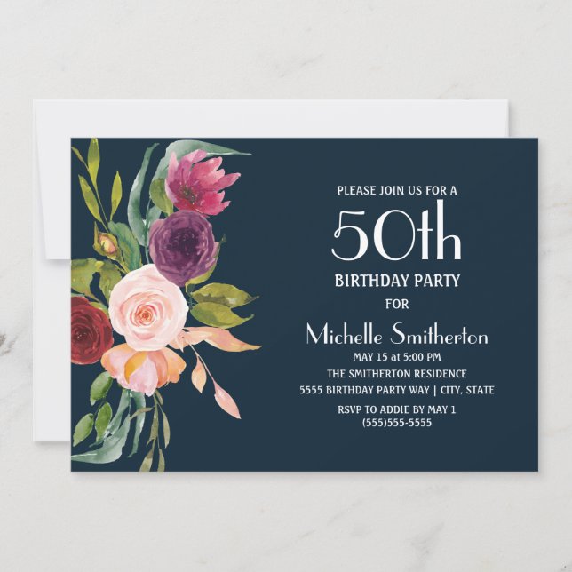 Blue Burgundy Blush Floral 50th Birthday Invitation (Front)