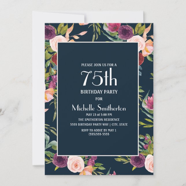 Blue Burgundy Blush Floral 75th Birthday Invitation (Front)