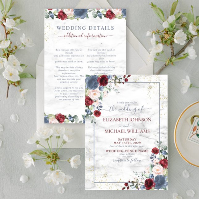 Blue Burgundy Blush Gold Floral Details Wedding Invitation (Creator Uploaded)