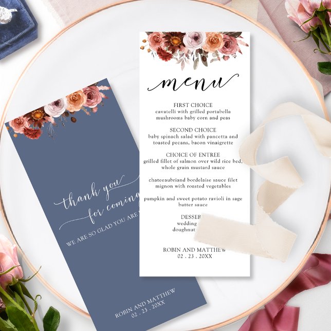 Blue Burgundy, Blush Intricate Floral Wedding Menu (Creator Uploaded)
