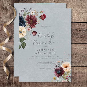 Blue Burgundy & Cream Rustic Floral Bridal Brunch Invitation