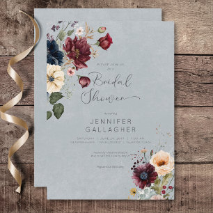 Blue Burgundy & Cream Rustic Floral Bridal Shower Invitation