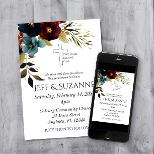 Blue Burgundy Floral Cross Two Are One Christian Invitation