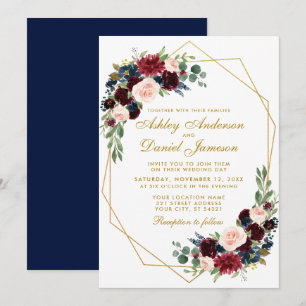 Blue Burgundy Floral Geometric Gold Wedding Invitation