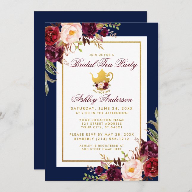 Blue Burgundy Floral Gold Bridal Tea Party Invite (Front/Back)