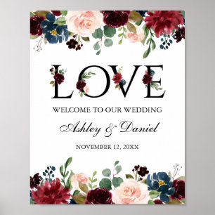 Blue Burgundy Floral Love Wedding Welcome Poster