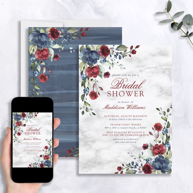 Blue Burgundy Floral Marble Script Elegant Bridal Invitation (Creator Uploaded)