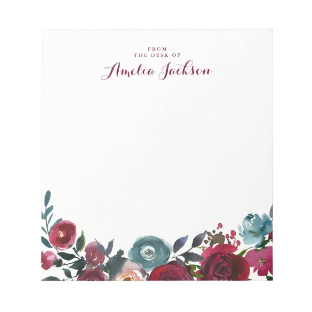 Blue Burgundy Floral Personalised Note Stationery (Front)