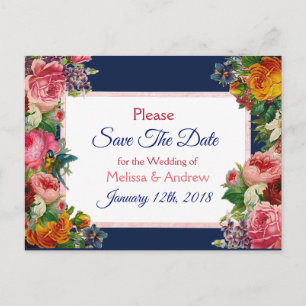 Blue Burgundy Floral Save the Date Postcard