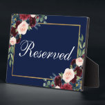 Blue Burgundy Floral Wedding Reserved 5x7 Table Plaque<br><div class="desc">Watercolor Floral Burgundy Marsala Blue Gold Wedding Reserved 5x7 Table Plaque</div>