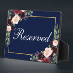 Blue Burgundy Floral Wedding Reserved 5x7 Table Plaque<br><div class="desc">Watercolor Floral Burgundy Marsala Blue Gold Wedding Reserved 5x7 Table Plaque</div>