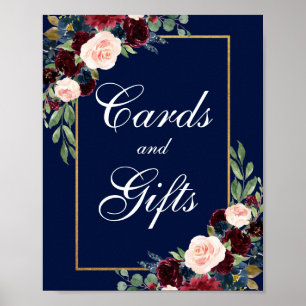 Blue Burgundy Gold Floral Wedding Cards Gifts Poster