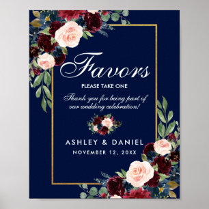 Blue Burgundy Gold Floral Wedding Favours Poster