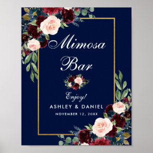 Blue Burgundy Gold Floral Wedding Mimosa Bar Poster
