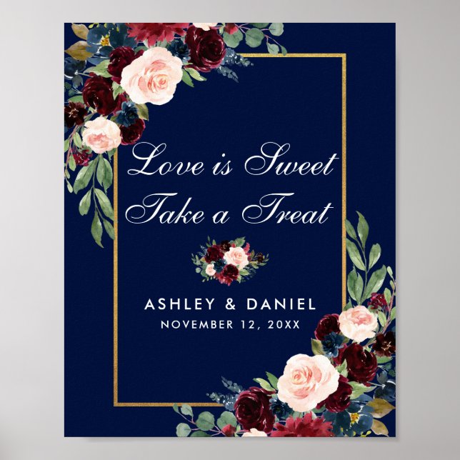 Blue Burgundy Gold Floral Wedding Treat Poster (Front)